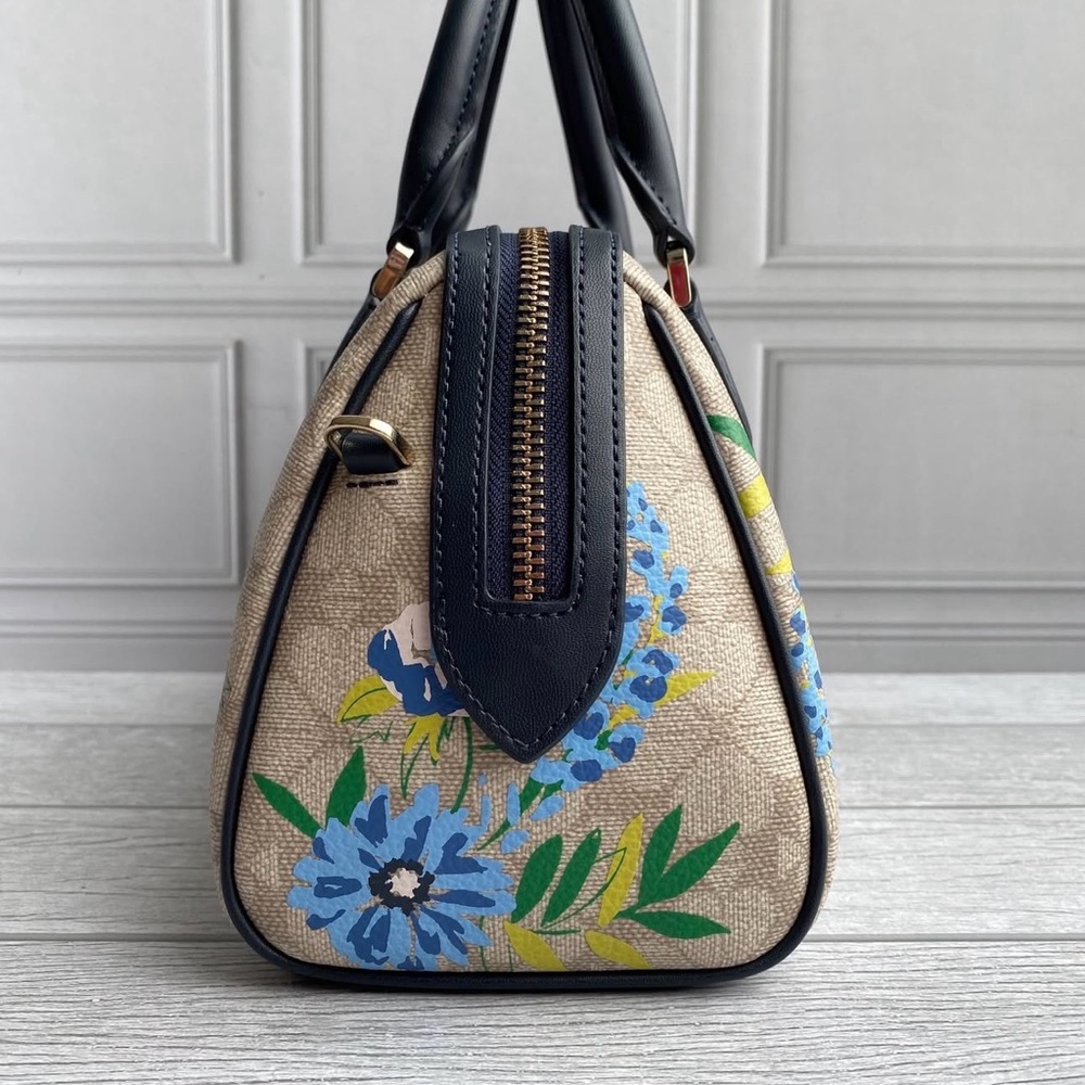 kate spade Beige Signature Floral Dome Satchel with Navy Trim - Picture 3 of 5